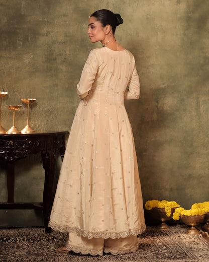 Sunheri Ivory Silk Tissue Angrakha Anarkali Set of 3