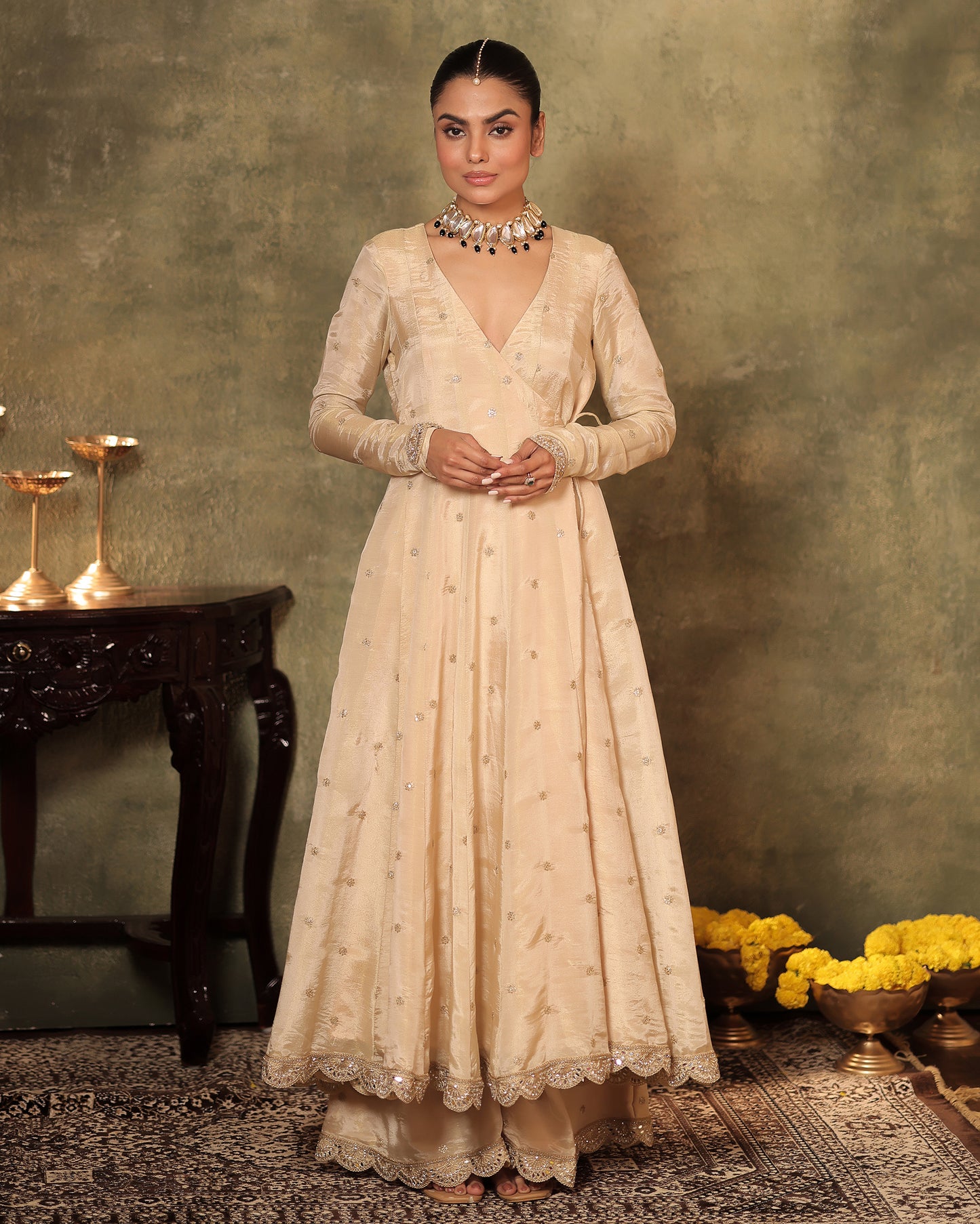 Sunheri Ivory Silk Tissue Angrakha Anarkali Set of 3