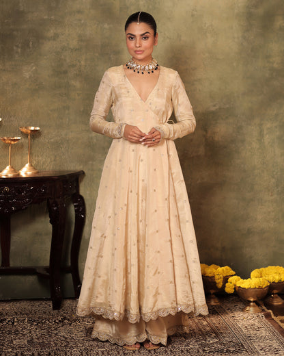 Sunheri Ivory Silk Tissue Angrakha Anarkali Set of 3