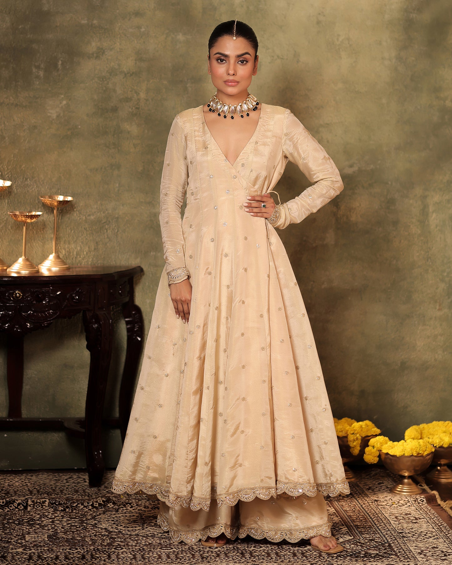 Sunheri Ivory Silk Tissue Angrakha Anarkali Set of 3