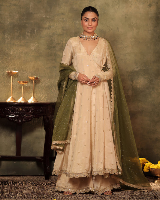 Sunheri Ivory Silk Tissue Angrakha Anarkali Set of 3