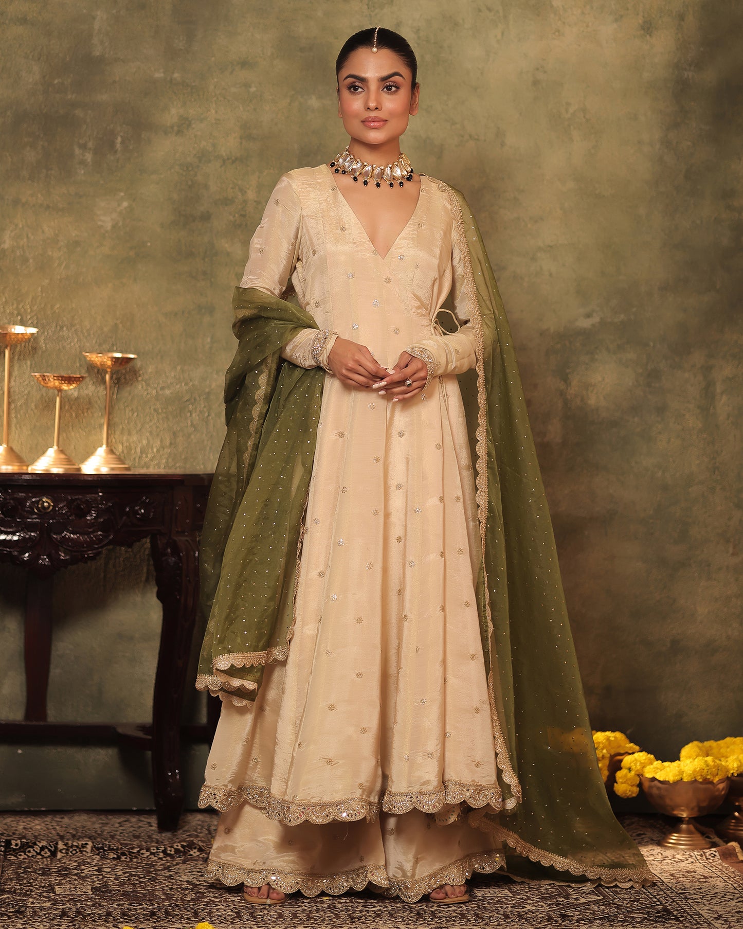 Sunheri Ivory Silk Tissue Angrakha Anarkali Set of 3