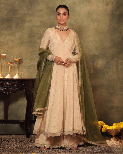Sunheri Ivory Silk Tissue Angrakha Anarkali Set of 3