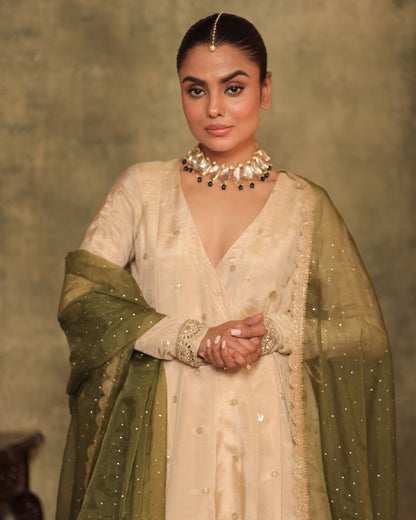 Sunheri Ivory Silk Tissue Angrakha Anarkali Set of 3