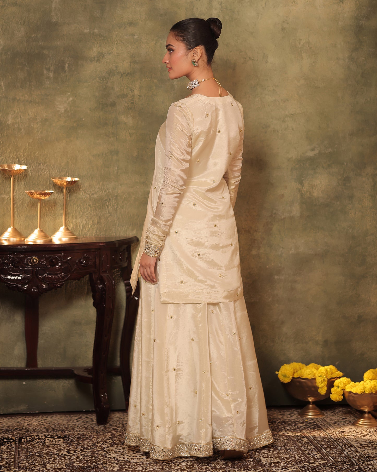 Sunheri Ivory Silk Tissue Kurta Sharara Set of 3