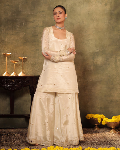 Sunheri Ivory Silk Tissue Kurta Sharara Set of 3