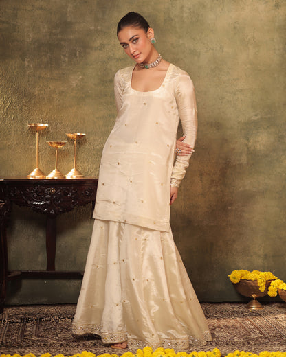 Sunheri Ivory Silk Tissue Kurta Sharara Set of 3