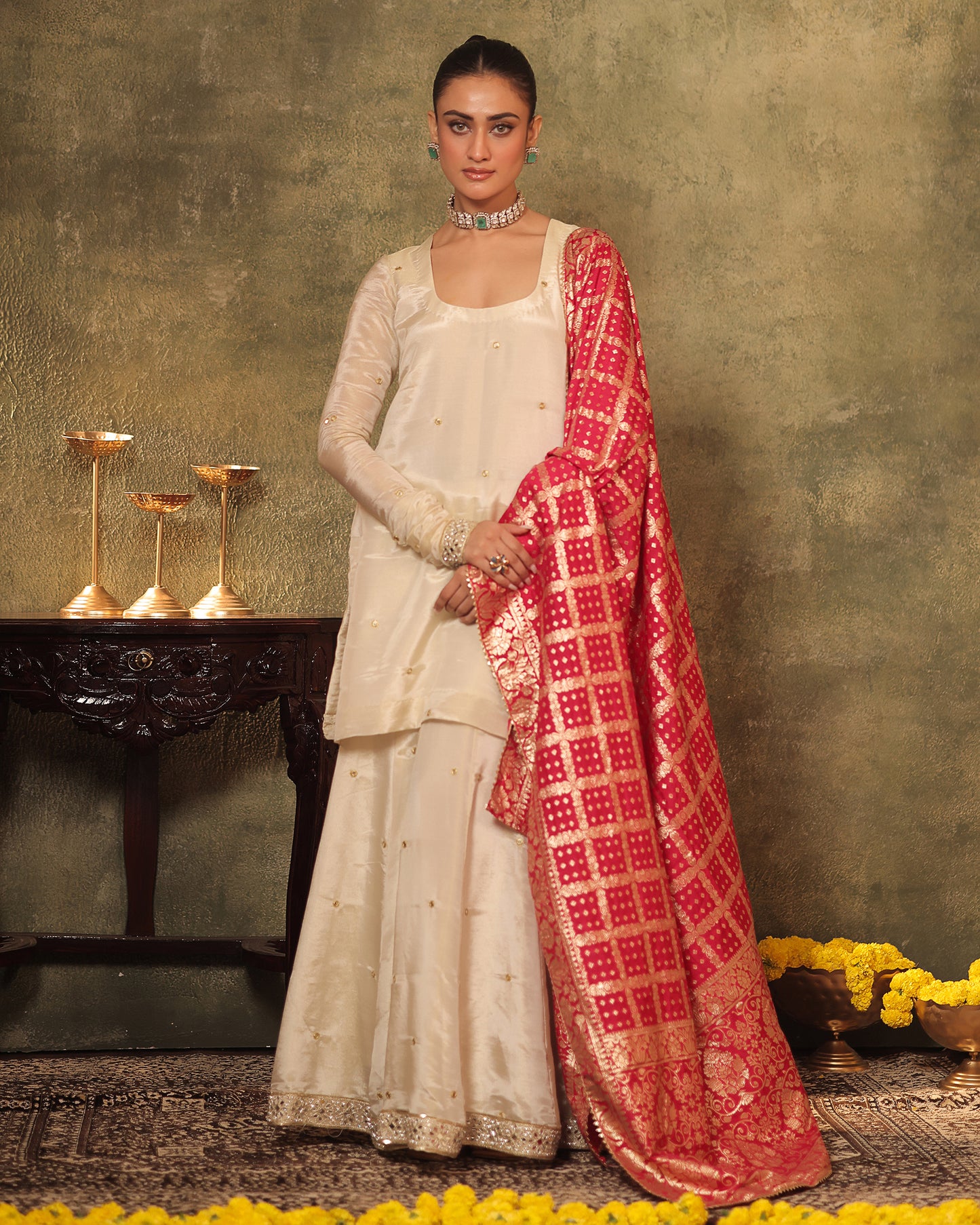 Sunheri Ivory Silk Tissue Kurta Sharara Set of 3