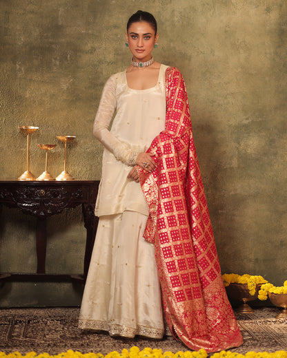 Sunheri Ivory Silk Tissue Kurta Sharara Set of 3