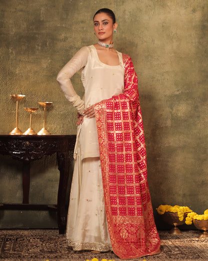 Sunheri Ivory Silk Tissue Kurta Sharara Set of 3