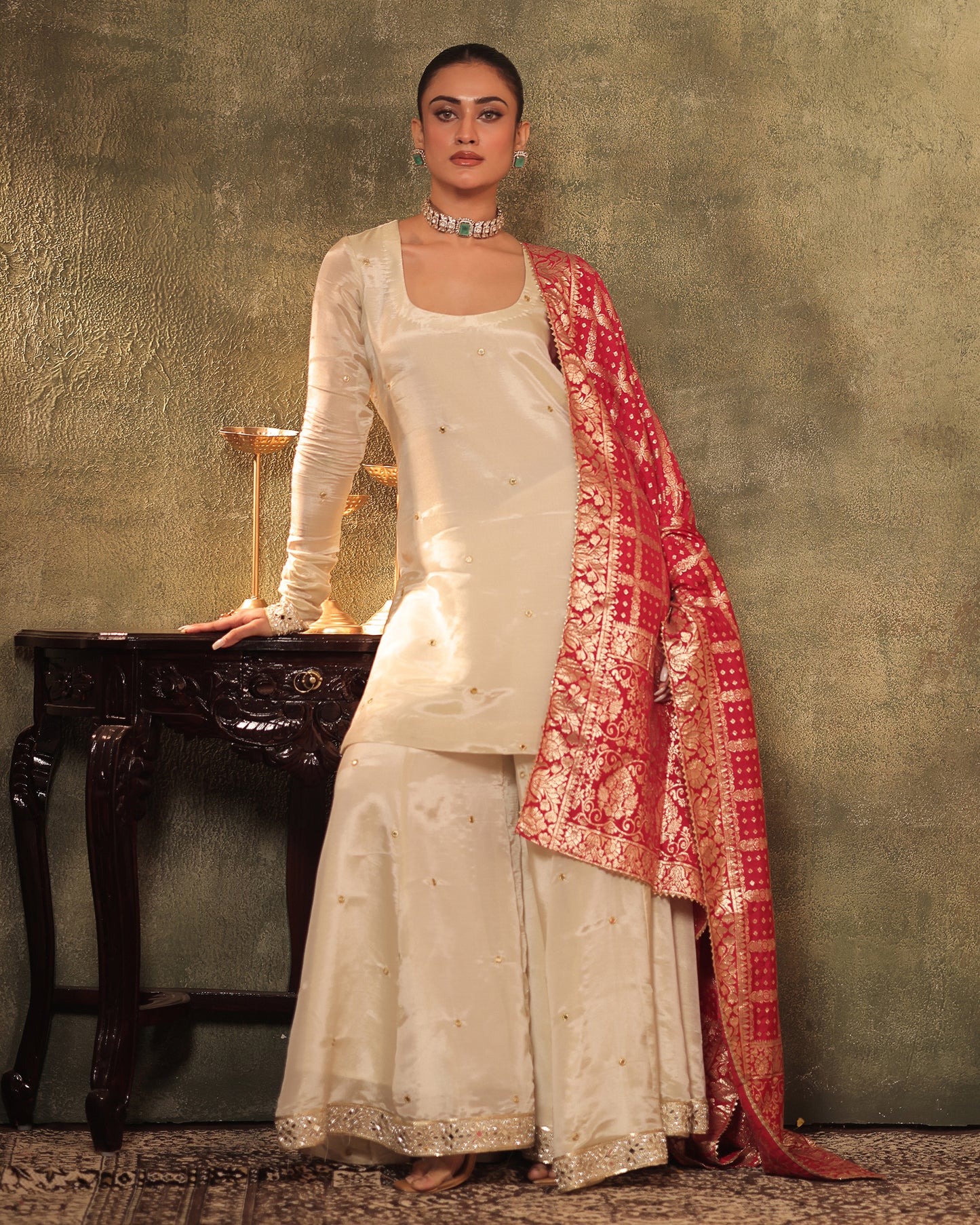 Sunheri Ivory Silk Tissue Kurta Sharara Set of 3