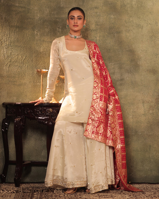 Sunheri Ivory Silk Tissue Kurta Sharara Set of 3