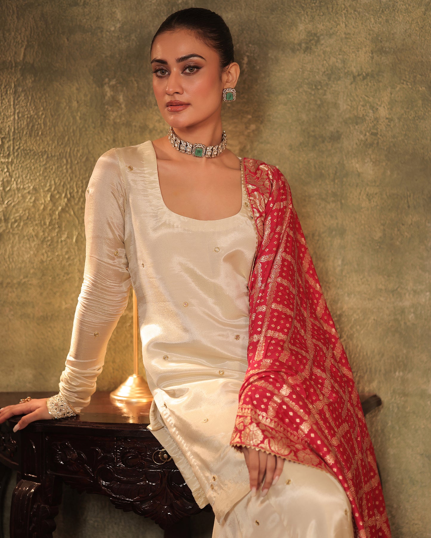 Sunheri Ivory Silk Tissue Kurta Sharara Set of 3