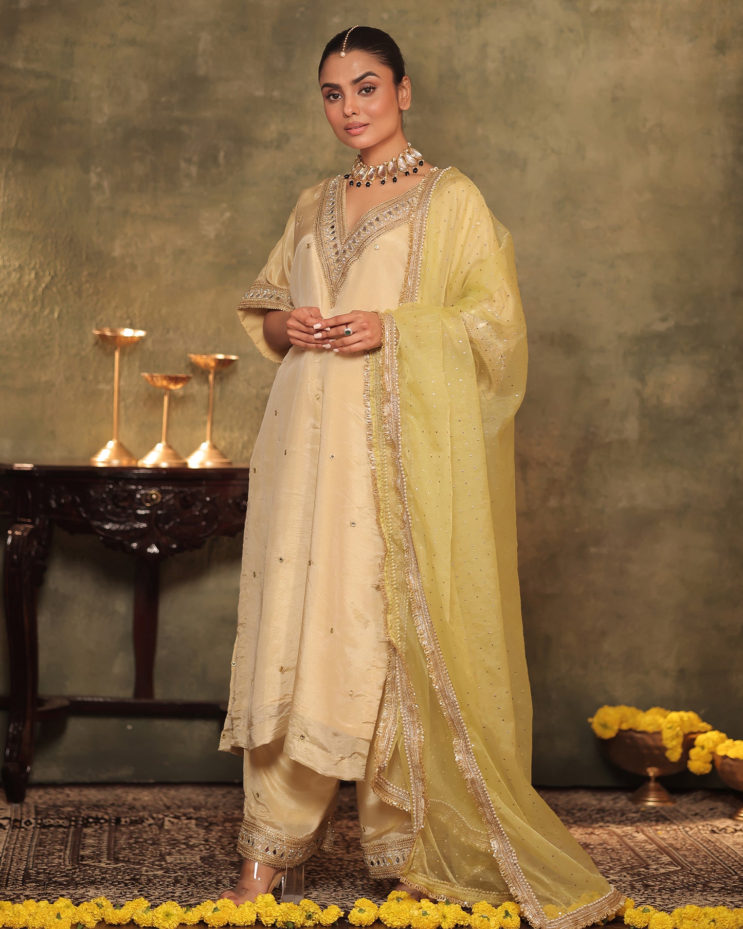 Sunheri Ivory Silk Tissue Kaftan Palazzo Set of 3