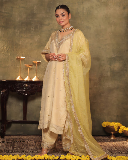 Sunheri Ivory Silk Tissue Kaftan Palazzo Set of 3