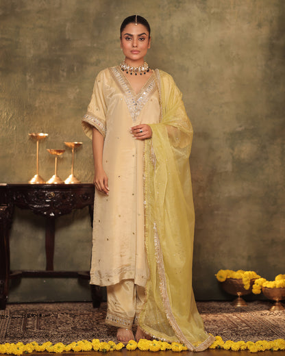 Sunheri Ivory Silk Tissue Kaftan Palazzo Set of 3