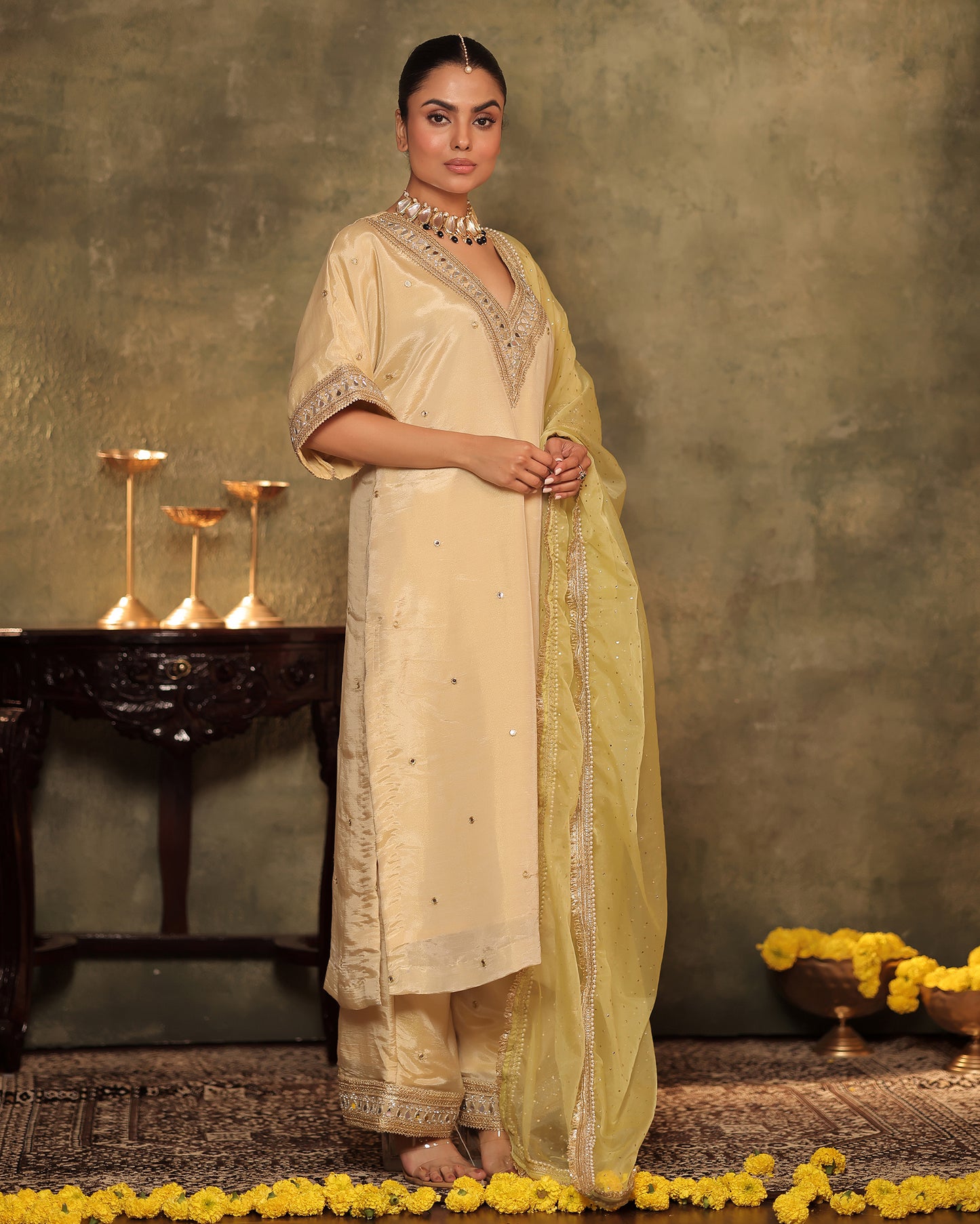 Sunheri Ivory Silk Tissue Kaftan Palazzo Set of 3