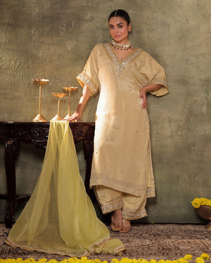 Sunheri Ivory Silk Tissue Kaftan Palazzo Set of 3