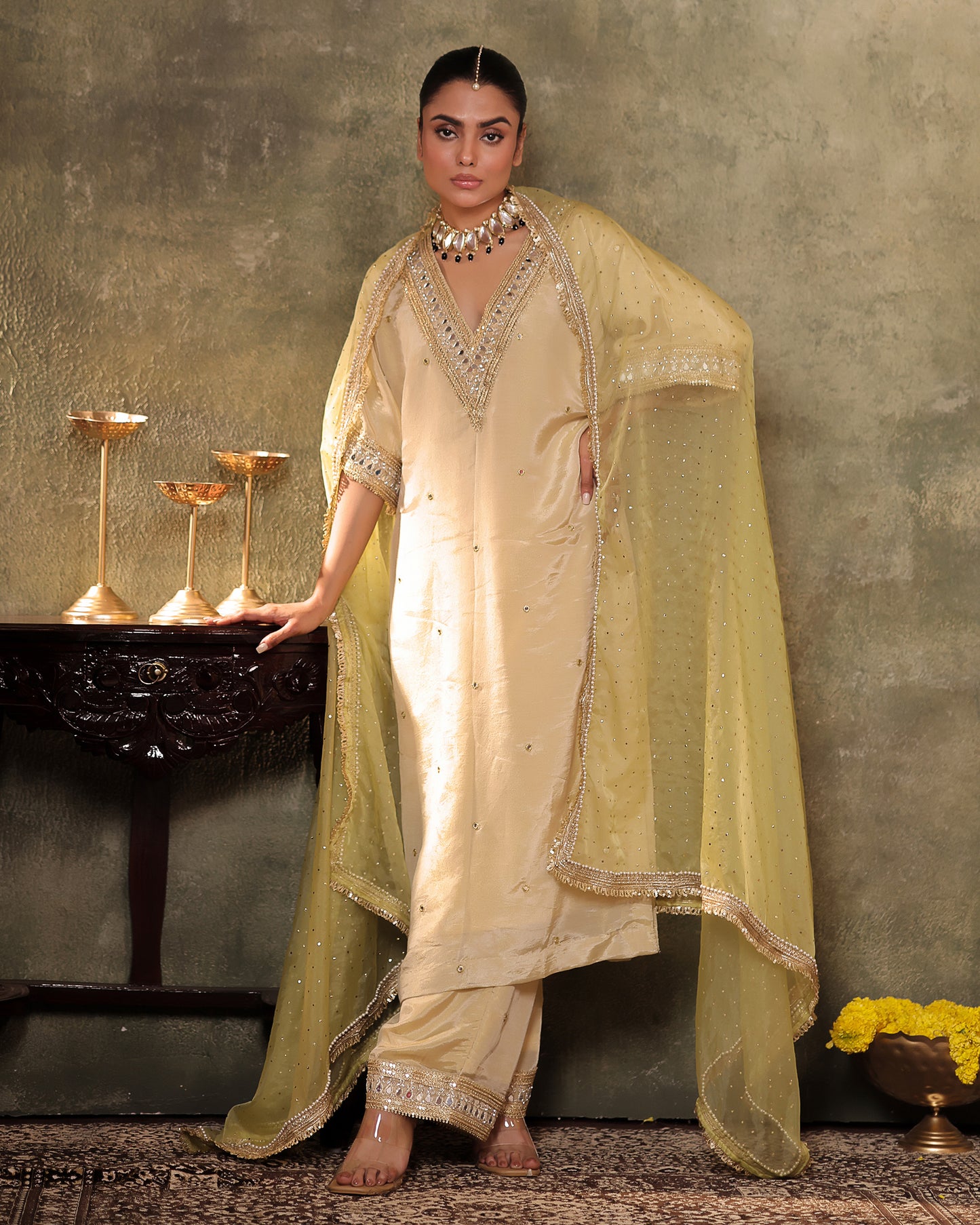 Sunheri Ivory Silk Tissue Kaftan Palazzo Set of 3