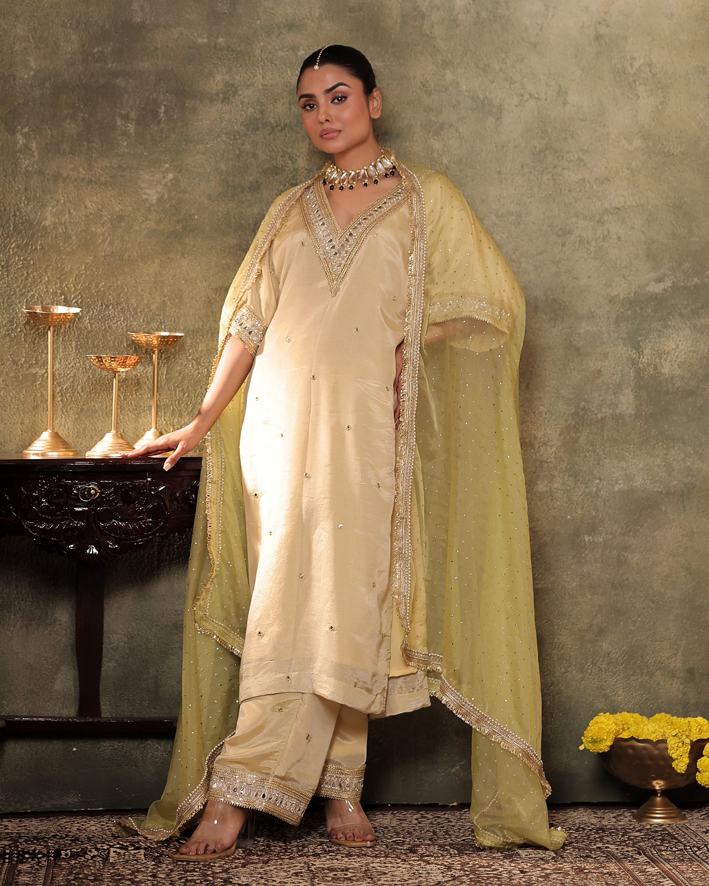 Sunheri Ivory Silk Tissue Kaftan Palazzo Set of 3