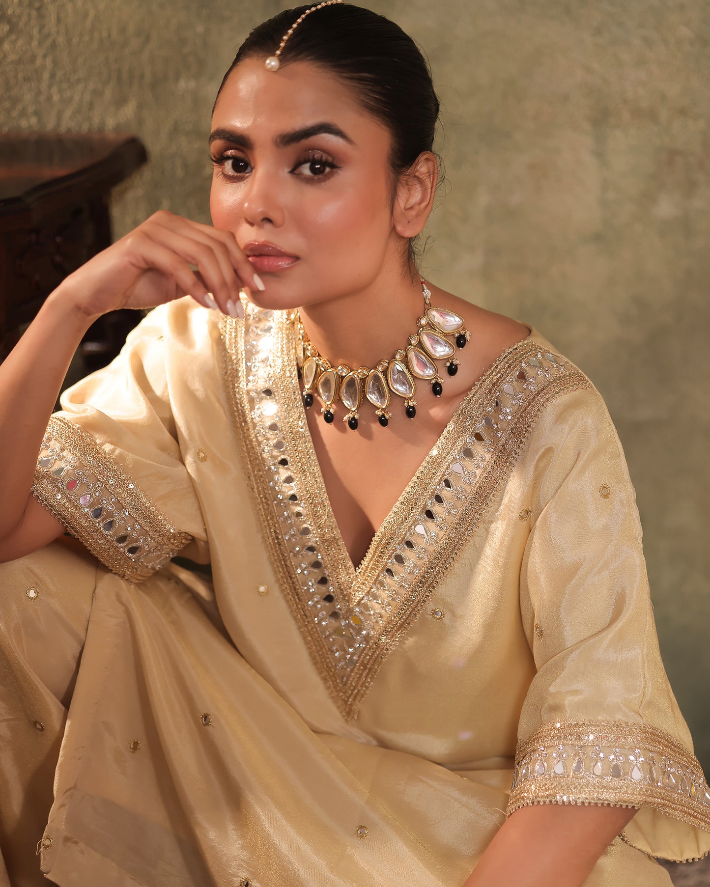 Sunheri Ivory Silk Tissue Kaftan Palazzo Set of 3