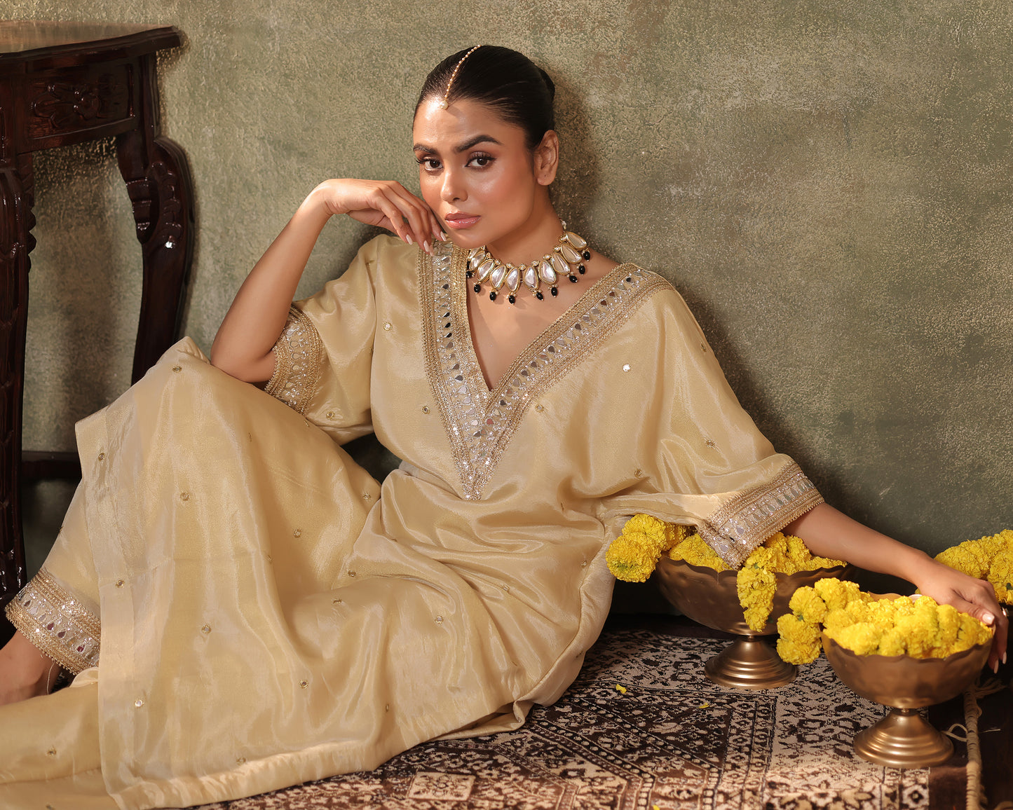 Sunheri Ivory Silk Tissue Kaftan Palazzo Set of 3