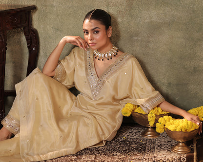 Sunheri Ivory Silk Tissue Kaftan Palazzo Set of 3