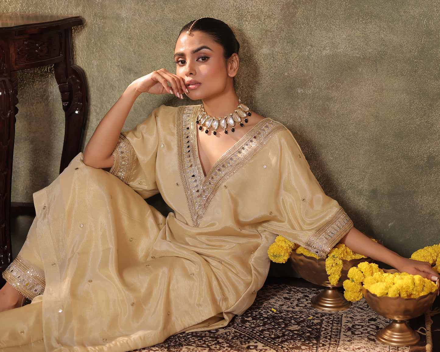 Sunheri Ivory Silk Tissue Kaftan Palazzo Set of 3