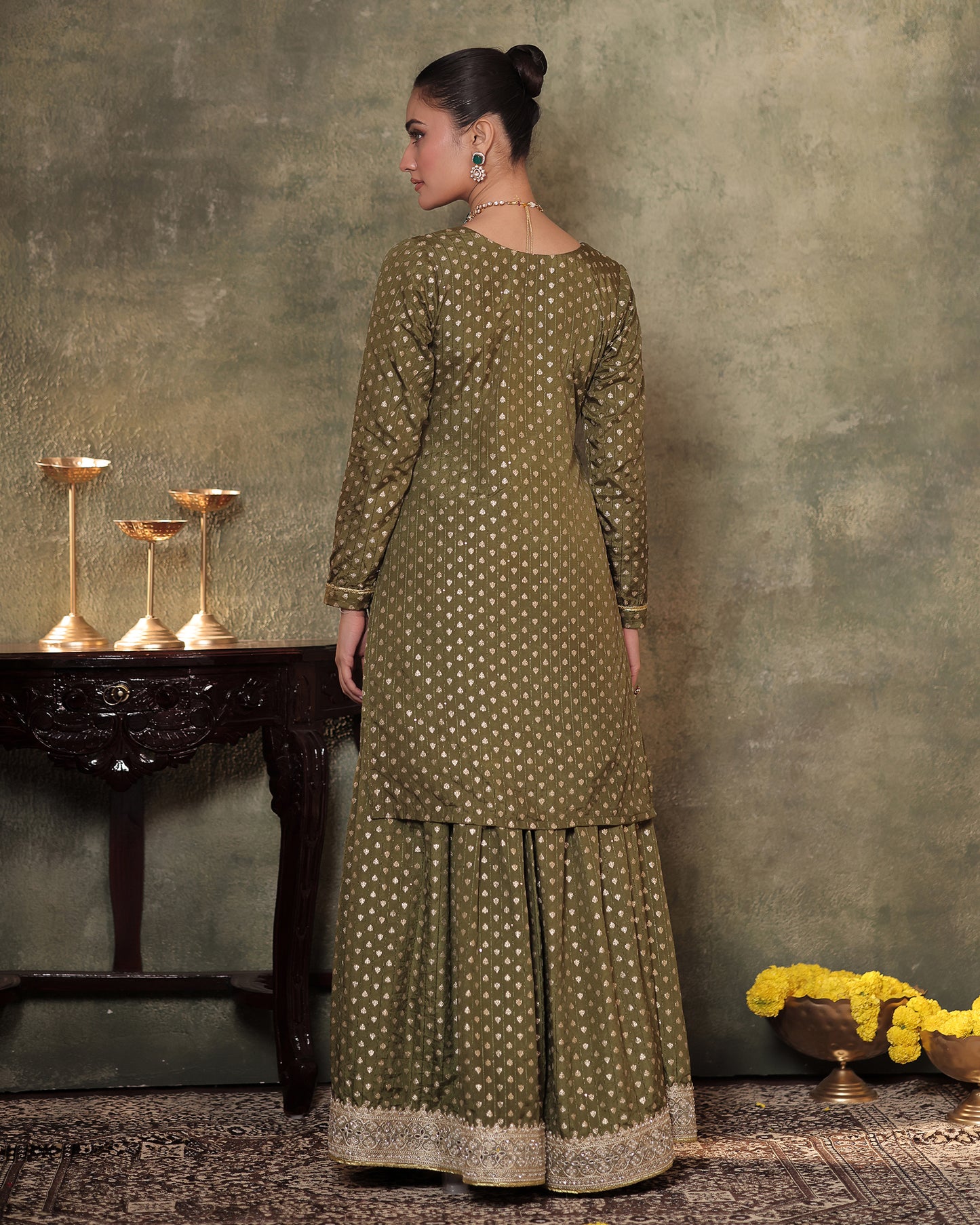 Naazrana Olive Green Kurta, Sharara and Dupatta Set of 3