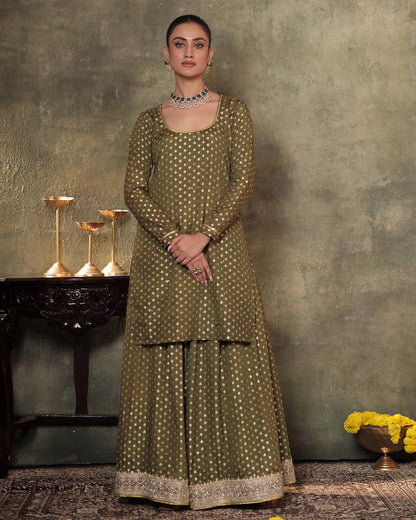 Naazrana Olive Green Kurta, Sharara and Dupatta Set of 3