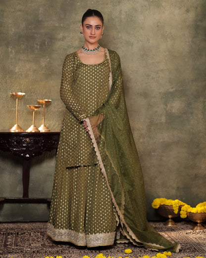 Naazrana Olive Green Kurta, Sharara and Dupatta Set of 3