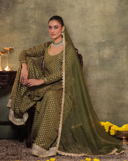 Naazrana Olive Green Kurta, Sharara and Dupatta Set of 3