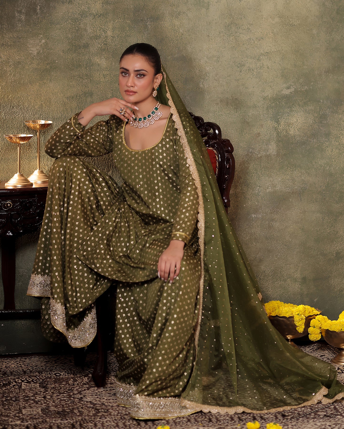 Naazrana Olive Green Kurta, Sharara and Dupatta Set of 3