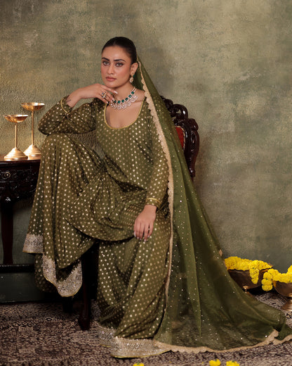 Naazrana Olive Green Kurta, Sharara and Dupatta Set of 3