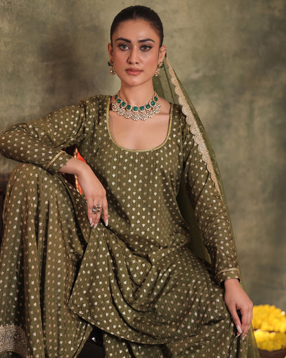 Naazrana Olive Green Kurta, Sharara and Dupatta Set of 3