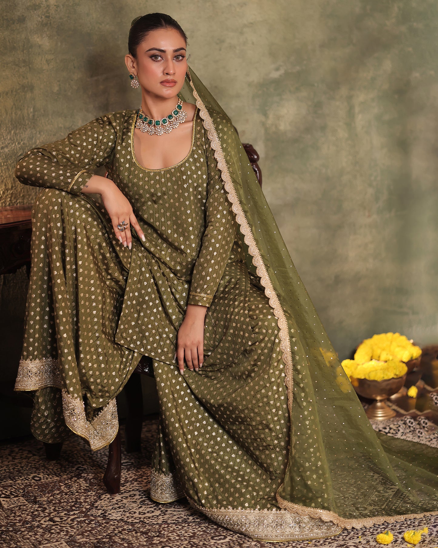 Naazrana Olive Green Kurta, Sharara and Dupatta Set of 3