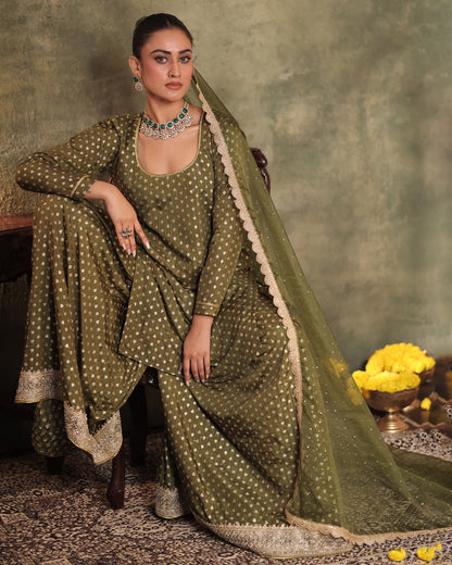 Naazrana Olive Green Kurta, Sharara and Dupatta Set of 3