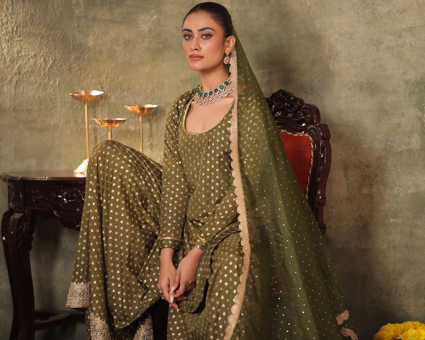 Naazrana Olive Green Kurta, Sharara and Dupatta Set of 3