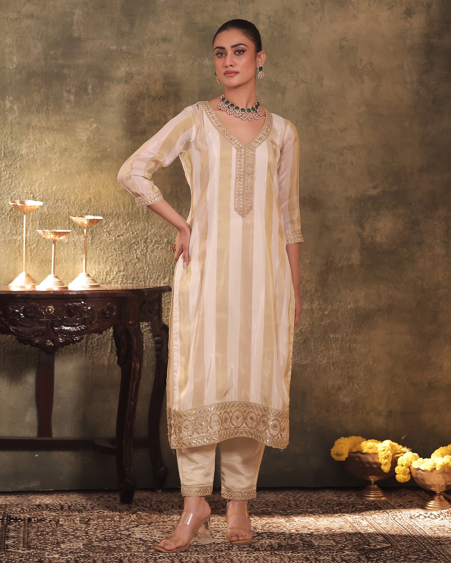 Sunheri Ivory-Gold Silk Tissue Kurta Pant Set of 3