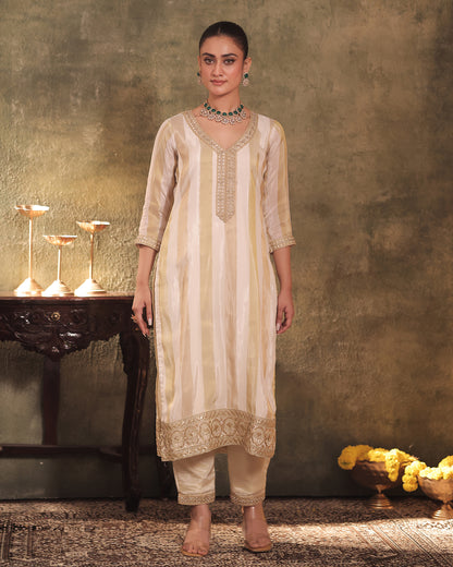 Sunheri Ivory-Gold Silk Tissue Kurta Pant Set of 3
