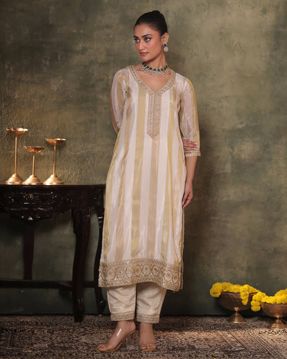 Sunheri Ivory-Gold Silk Tissue Kurta Pant Set of 3