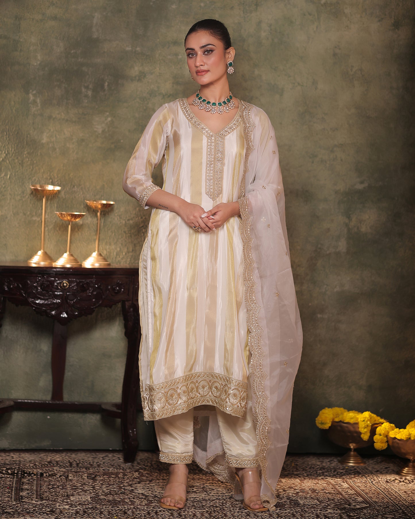 Sunheri Ivory-Gold Silk Tissue Kurta Pant Set of 3