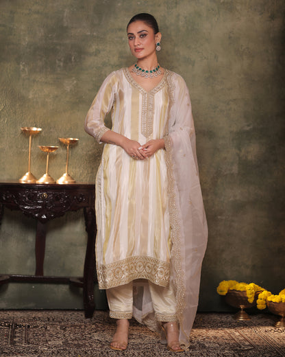 Sunheri Ivory-Gold Silk Tissue Kurta Pant Set of 3