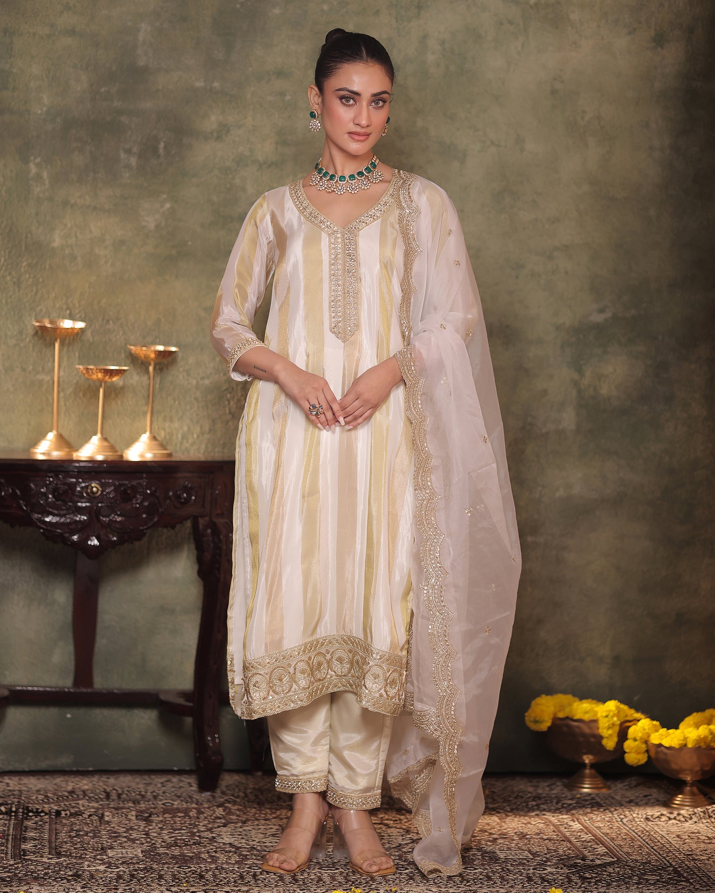 Sunheri Ivory-Gold Silk Tissue Kurta Pant Set of 3