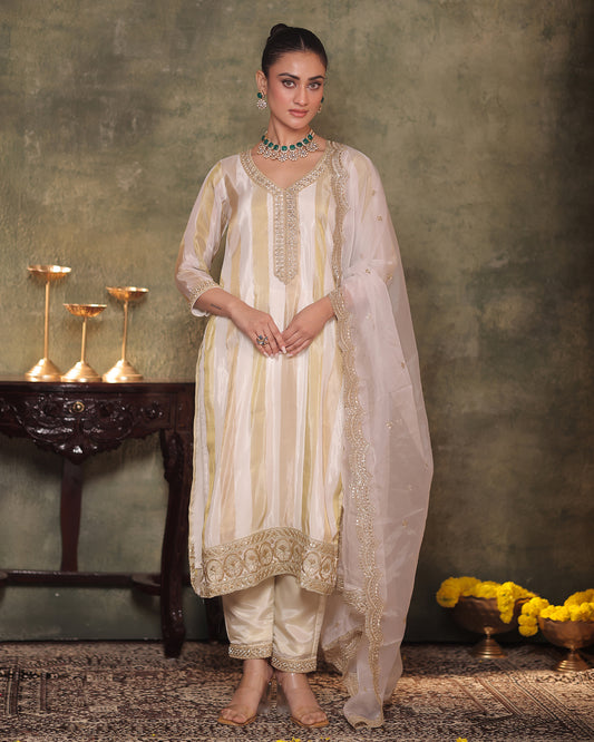 Sunheri Ivory-Gold Silk Tissue Kurta Pant Set of 3