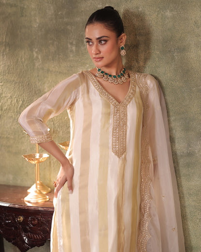 Sunheri Ivory-Gold Silk Tissue Kurta Pant Set of 3