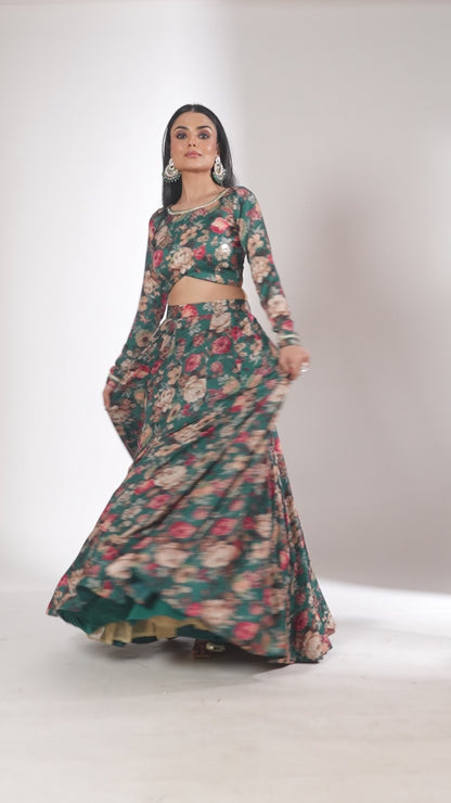 Gulzar Green printed Blouse with Lehenga and dupatta- set of 3