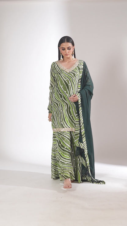 Gulzar Green printed Kurta with Sharara and dupatta- set of 3