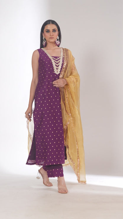 Mastani Wine Chanderi Kurta and Pant with dupatta- set of 3