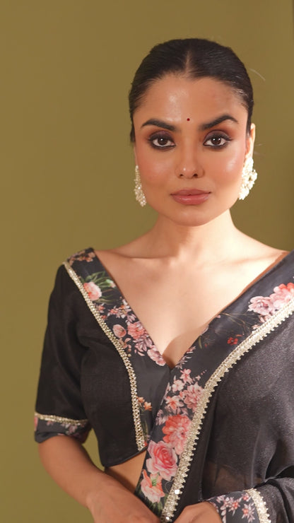 Gulzar Black Floral printed blouse with lehenga and dupatta- set of 3